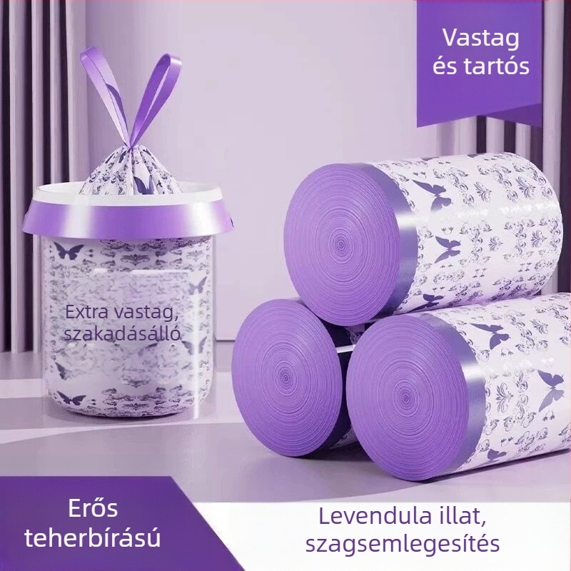 Levendula színű szemeteszsákok, vastított háztartási zsákok húzózsinórral, szakadásálló, konyha- és iroda használatra, extravastag