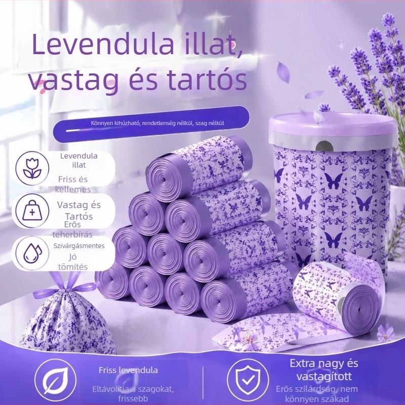 Levendula színű szemeteszsákok, vastított háztartási zsákok húzózsinórral, szakadásálló, konyha- és iroda használatra, extravastag