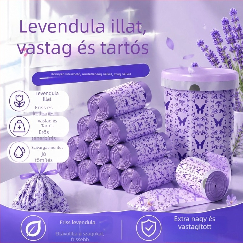 Levendula színű szemeteszsákok, vastított háztartási zsákok húzózsinórral, szakadásálló, konyha- és iroda használatra, extravastag