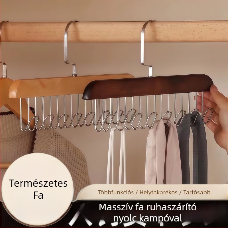 Szilárdfa nyolc akasztós fogas fehérneműkhöz, topokhoz és nyakkendőkhöz – otthoni multifunkcionális tároló- és szárítóállvány