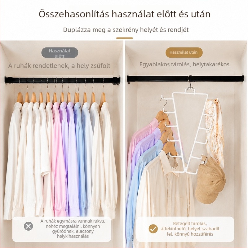 V alakú gumiborítású vas vállfa sálak és selyemsálak tárolására, kétoldalas, gardrób rendező több kampóval