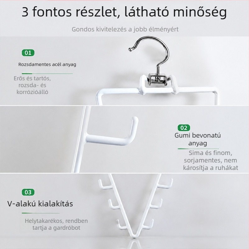 V alakú gumiborítású vas vállfa sálak és selyemsálak tárolására, kétoldalas, gardrób rendező több kampóval