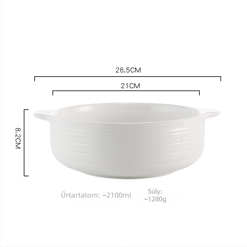 Porcelán levesestál két füllel, nagy kerámia tál levesekhez, tésztákhoz és desszertekhez, modern minimalist design, csíkos mintázat.