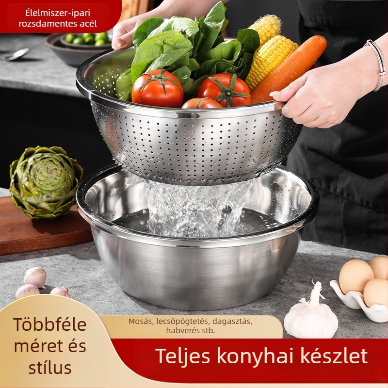 Nagy peremű rozsdamentes acél tál, sokoldalú konyhai tál: zöldségek mosásához, tojásfelveréshez és tészta gyúrásához