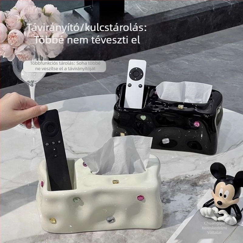 gleccser ihletésű kerámia papírzsebkendő tartó, beépített távirányító-tárolóval; modern, minimalist dekoráció a nappaliba.
