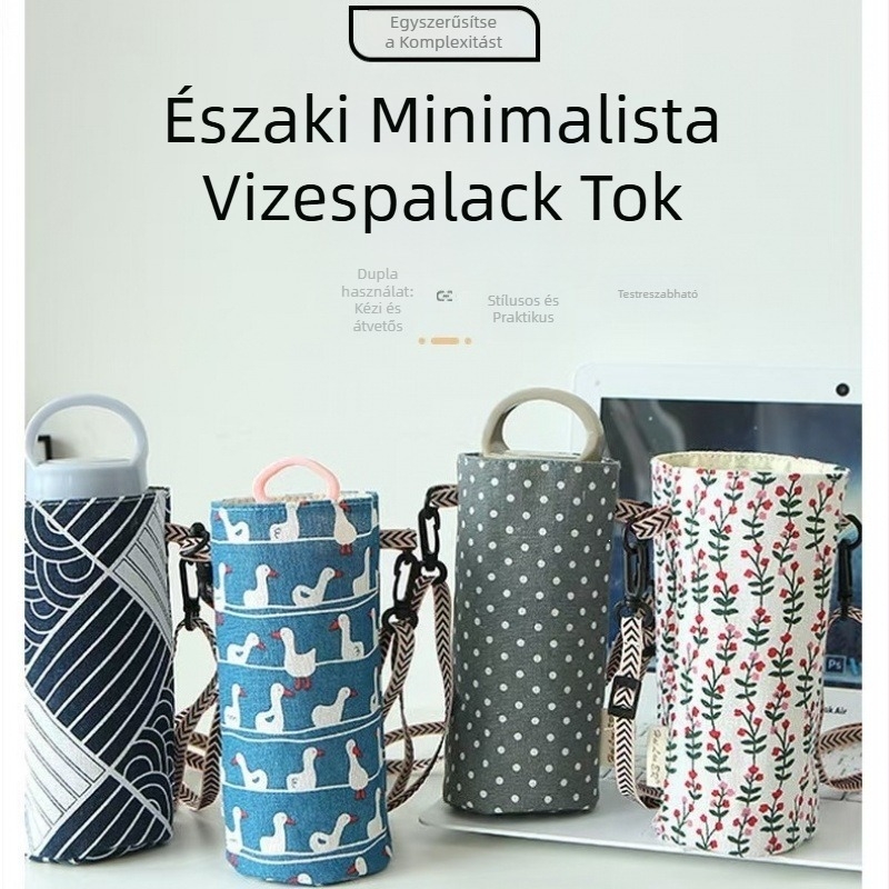Univerzális 1300 pamut-len termosz pohárvédő huzat, pánttal, palacktároló táska, hordozható védőburkolat