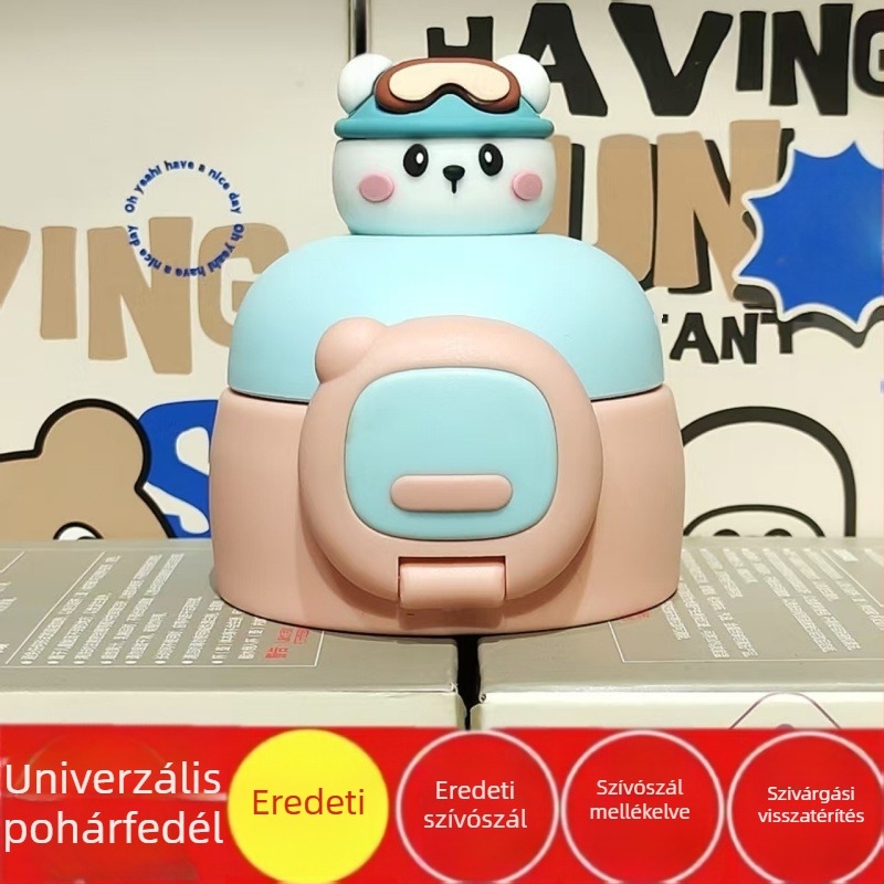 Doll Head gyerekeknek szánt termosz pohárfedél, univerzális rugós zárófedél és szívócső, ütésálló