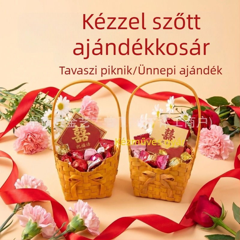 Kézzel készített rattan- és faanyagból összefonott tárolókosár, ajándék- és édességbox, vidéki stílusú gyümölcskosár