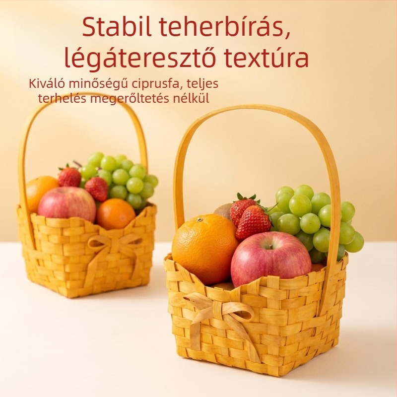 Kézzel készített rattan- és faanyagból összefonott tárolókosár, ajándék- és édességbox, vidéki stílusú gyümölcskosár