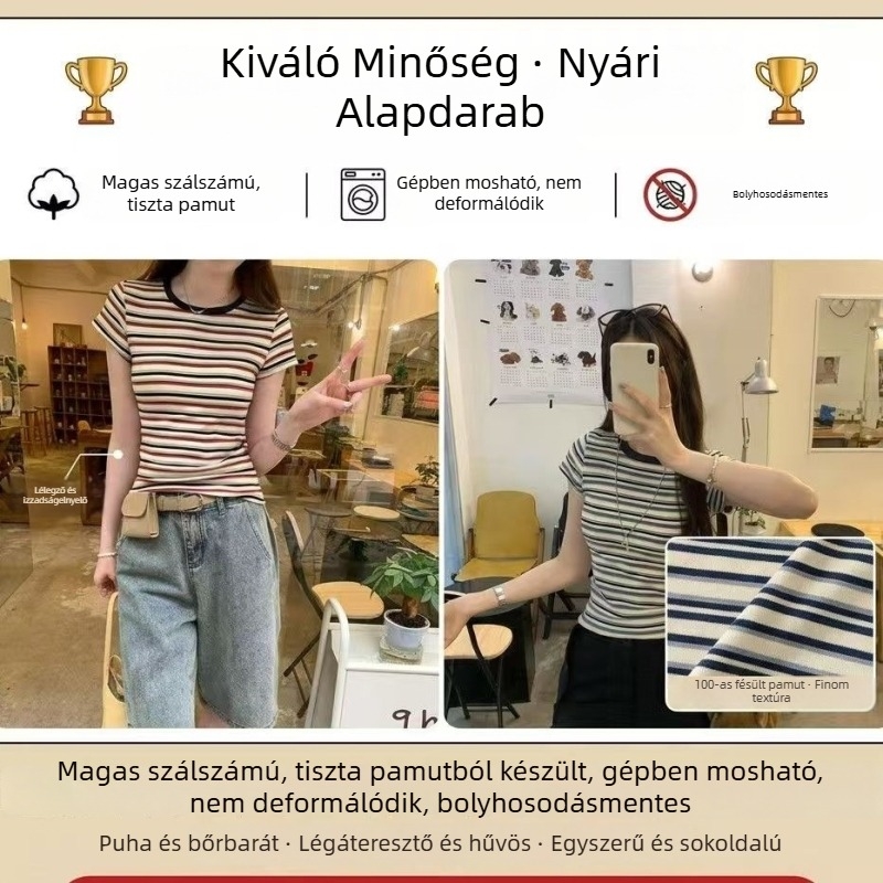 Nagy méretű női csíkos rövid ujjú környakú póló, lazán szabott nyári felső