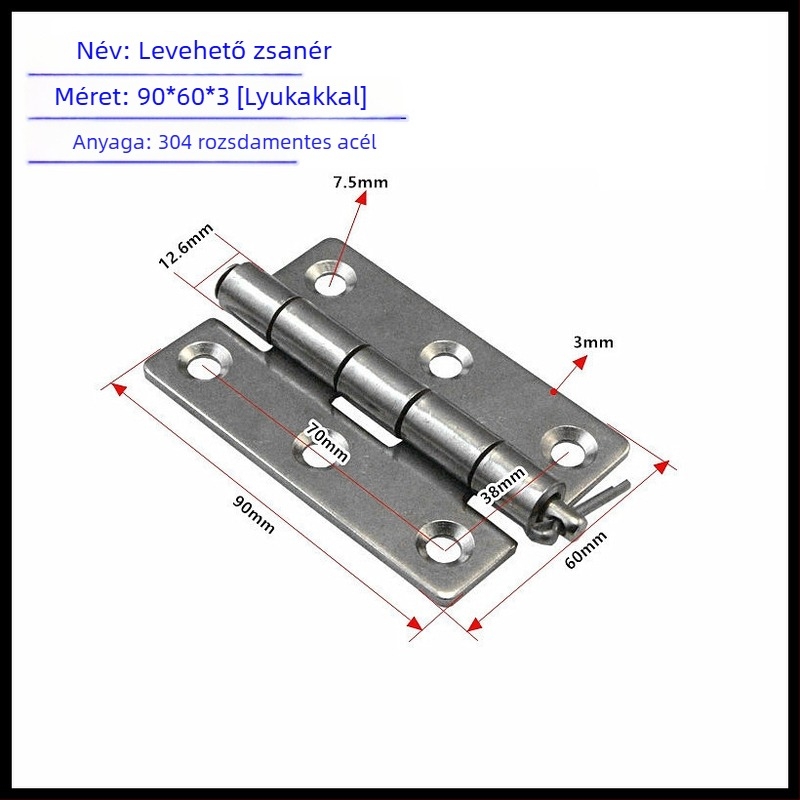 304 rozsdamentes acélból készült leválasztható csapos zsanér, ipari, masszív, 60 × 90 × 3 mm