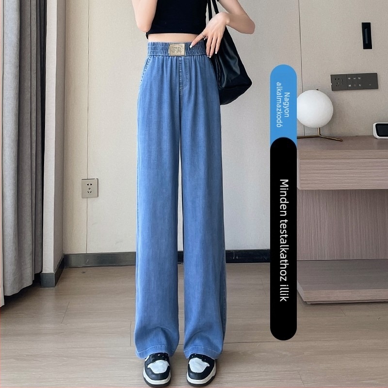 Női Tencel denim farmernadrág nyárra – vékony, koreai stílus, magas derekú, egyenes szabású, jégselyem anyag, nagy rugalmasság, lezser nadrág