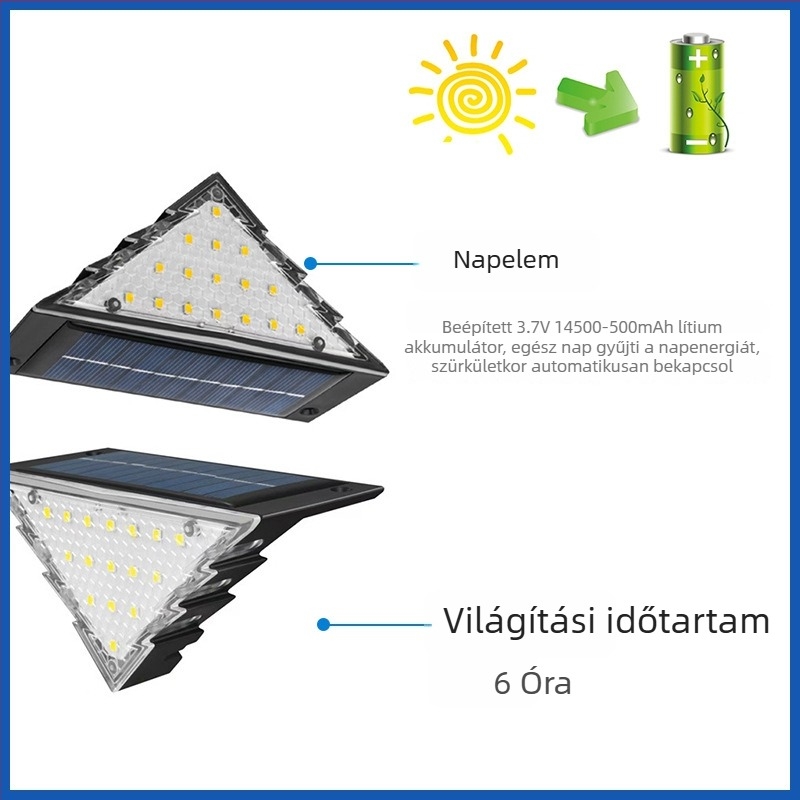 Napelemes kültéri lépcsőfény, háromszög alakú, kertbe és erkélyre, hangulatos falfény