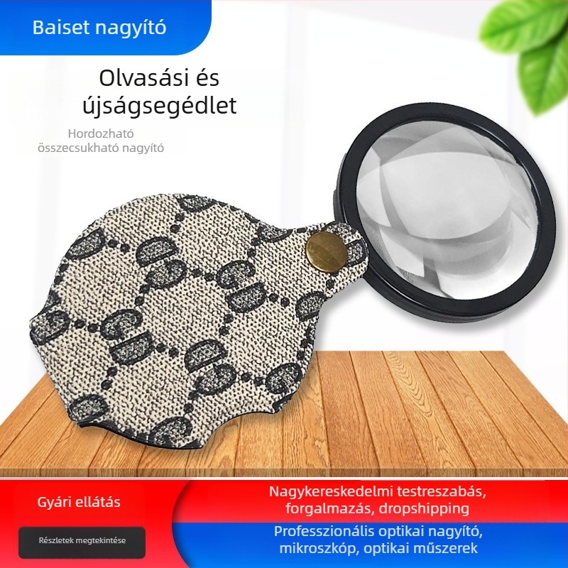 Összecsukható, hordozható nagyító 10x, 70 mm-es lencsével, idős olvasáshoz, kulcstartóval és nyakpórral (1072)