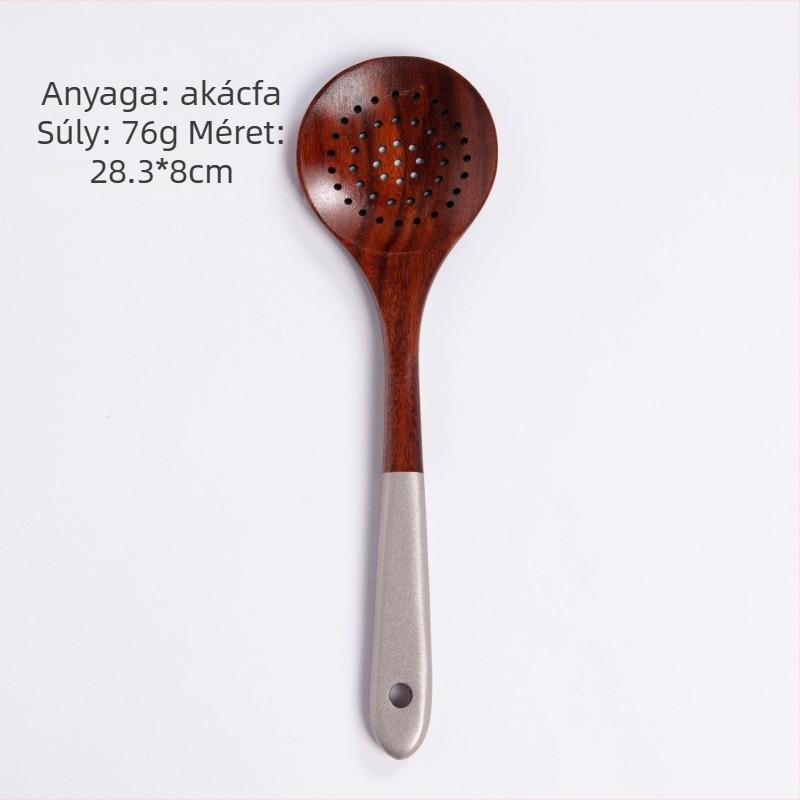 Teakfa konyhai eszközök készlet: hosszú nyelű spatula, rizskanál, nagy leveskanál, szűrőkanál