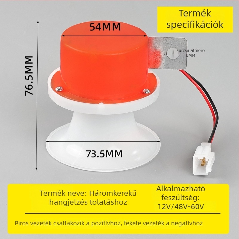Hangvezérelt tolató kürt triciklire, Zongshen, Huaihai és Loncin modellékhez, 12V, kétvezetékes csatlakozás