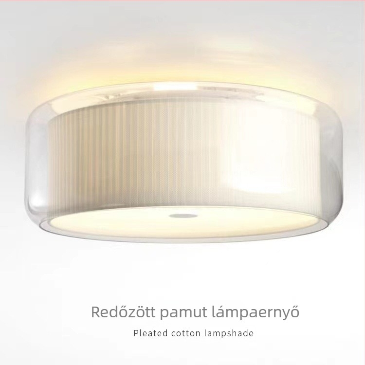 Kerek textil árnyékolós mennyezeti lámpa üveggel, LED világítás, modern minimalistikus stílus