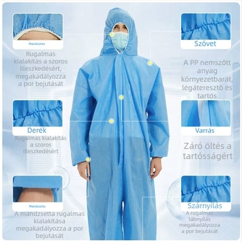 Egyszer használatos, nem szövött anyagból készült védő overall kapucnival és lábvédővel, mezőgazdasági, permetezési és izolációs célokra
