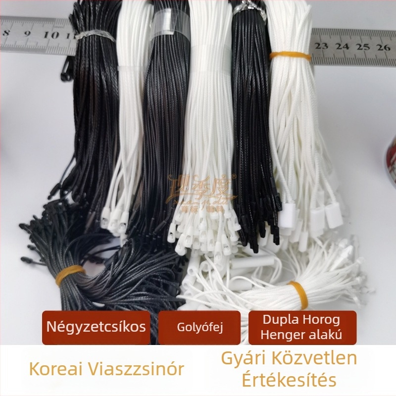 Viaszszálas címkefüggő zsinór, cilindrikus címke, négyszögletes csíkos minta, dupla horog
