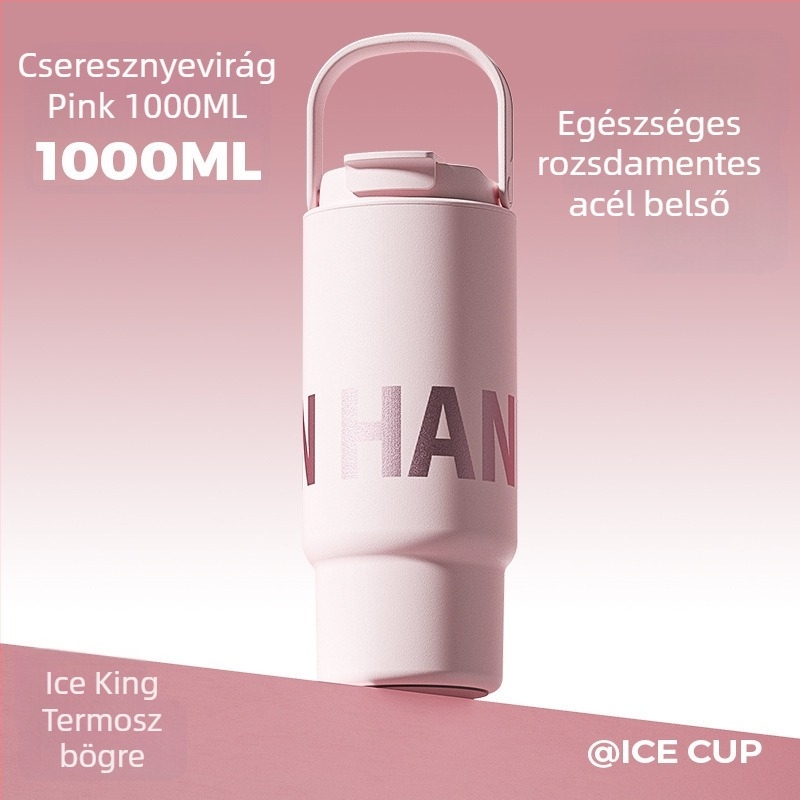 Fogantyús termosz pohár, nagy kapacitású, 316 rozsdamentes acél, kültéri használatra