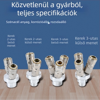 Önzáródó C-típusú kerek kétszárnyú pneumatikus gyorscsatlakozó SMY légpumpákhoz/kompresszorokhoz; SMV kerek háromutas csatlakozó