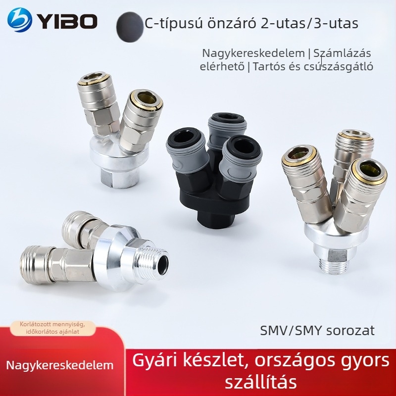 Önzáródó C-típusú kerek kétszárnyú pneumatikus gyorscsatlakozó SMY légpumpákhoz/kompresszorokhoz; SMV kerek háromutas csatlakozó