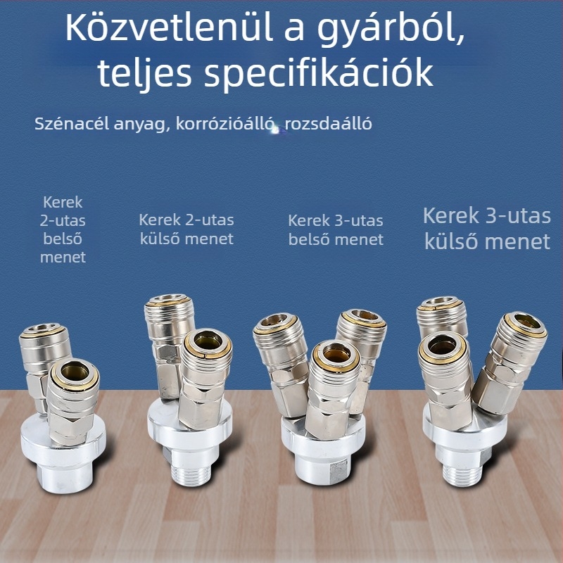 Önzáródó C-típusú kerek kétszárnyú pneumatikus gyorscsatlakozó SMY légpumpákhoz/kompresszorokhoz; SMV kerek háromutas csatlakozó