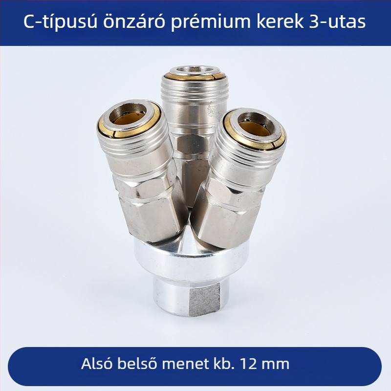 Önzáródó C-típusú kerek kétszárnyú pneumatikus gyorscsatlakozó SMY légpumpákhoz/kompresszorokhoz; SMV kerek háromutas csatlakozó