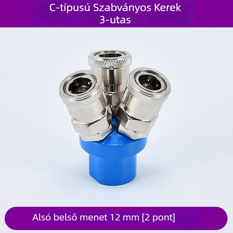 Önzáródó C-típusú kerek kétszárnyú pneumatikus gyorscsatlakozó SMY légpumpákhoz/kompresszorokhoz; SMV kerek háromutas csatlakozó