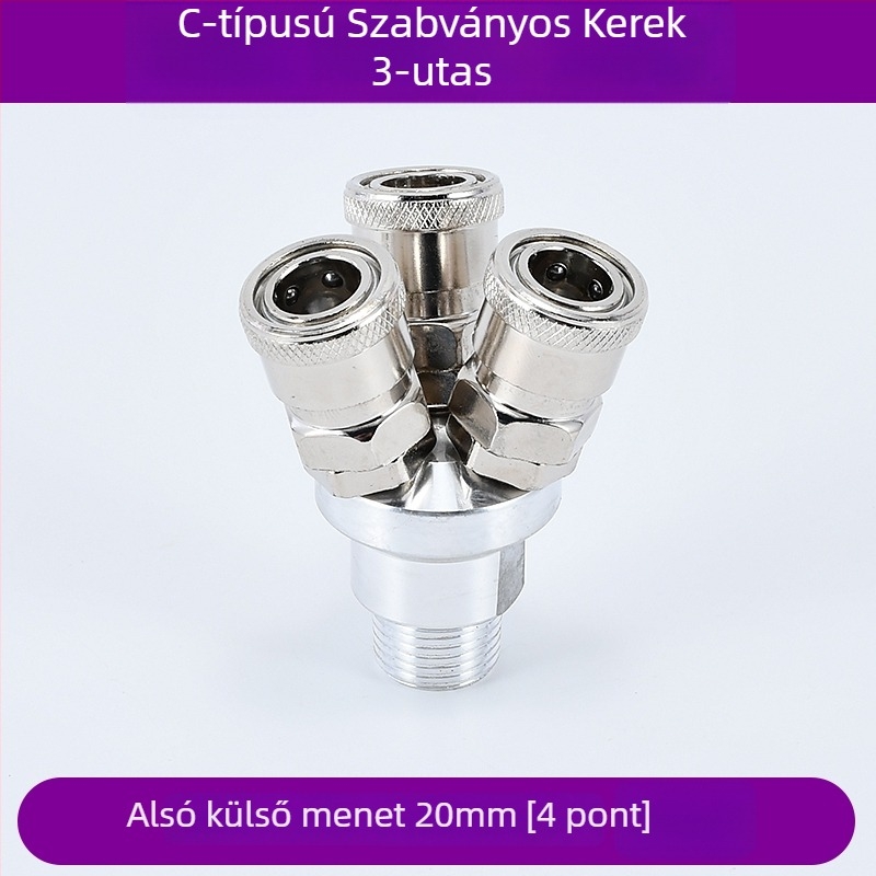 Önzáródó C-típusú kerek kétszárnyú pneumatikus gyorscsatlakozó SMY légpumpákhoz/kompresszorokhoz; SMV kerek háromutas csatlakozó