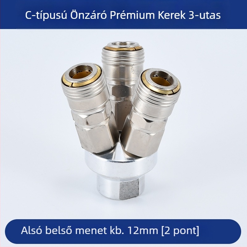 Önzáródó C-típusú kerek kétszárnyú pneumatikus gyorscsatlakozó SMY légpumpákhoz/kompresszorokhoz; SMV kerek háromutas csatlakozó