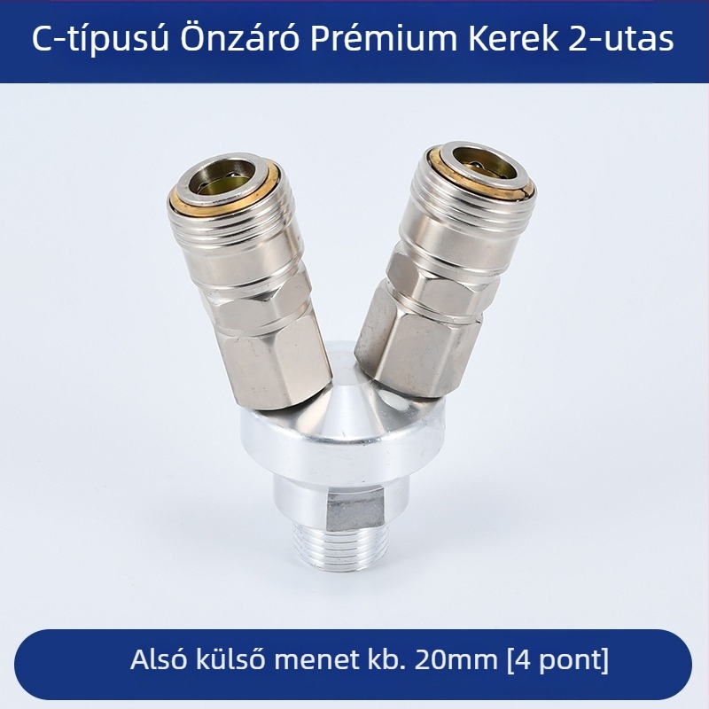 Önzáródó C-típusú kerek kétszárnyú pneumatikus gyorscsatlakozó SMY légpumpákhoz/kompresszorokhoz; SMV kerek háromutas csatlakozó