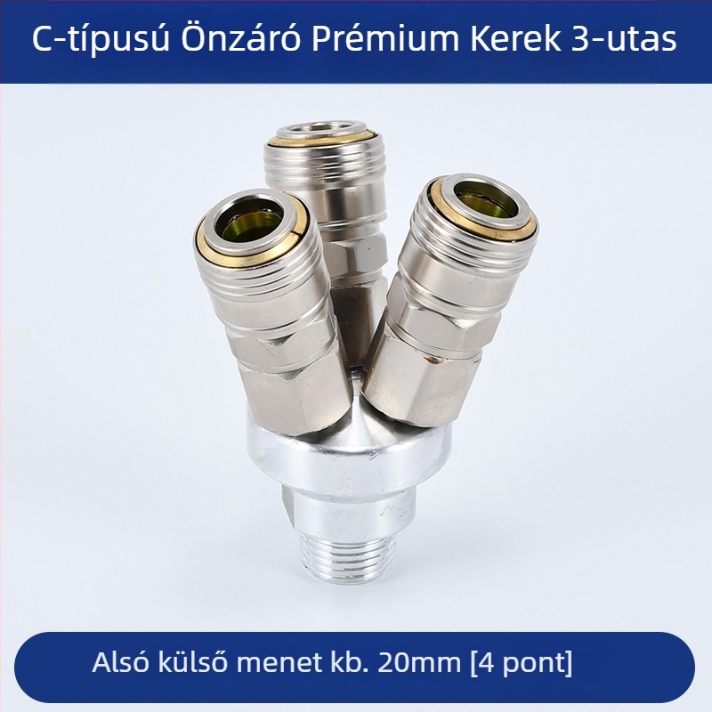 Önzáródó C-típusú kerek kétszárnyú pneumatikus gyorscsatlakozó SMY légpumpákhoz/kompresszorokhoz; SMV kerek háromutas csatlakozó