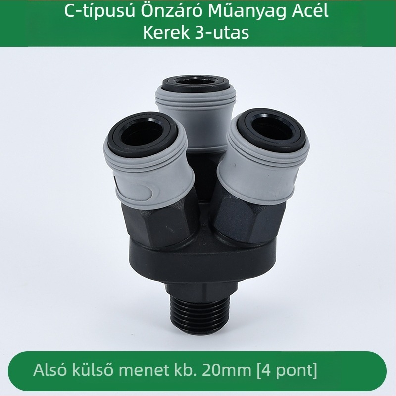 Önzáródó C-típusú kerek kétszárnyú pneumatikus gyorscsatlakozó SMY légpumpákhoz/kompresszorokhoz; SMV kerek háromutas csatlakozó