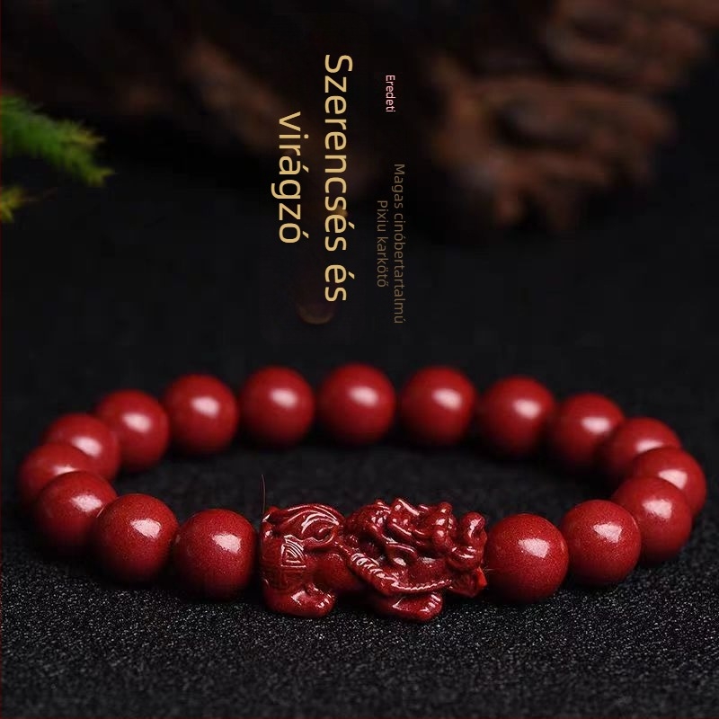 Uniszex cinnabar Pixiu karkötő, lila arany homok gyöngyök, buddhista gyöngyök, zodiákus év