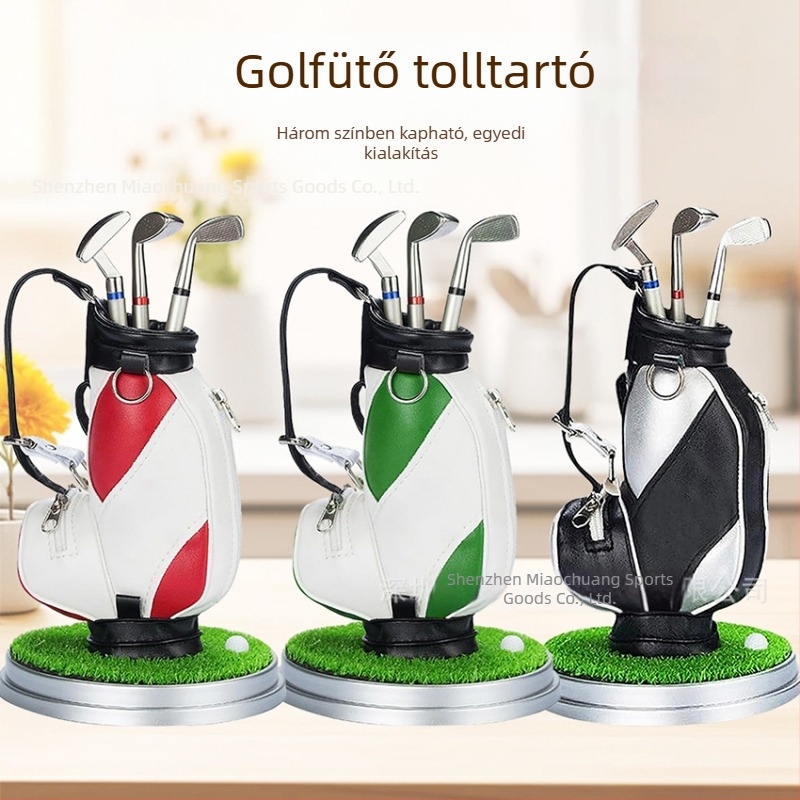Golfklub-táska stílusú asztali dekoráció tolltartóval és kis díszítőelemmel