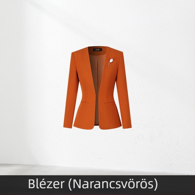 Narancssárga kosztüm-ruha női szett, professzionális üzleti viselet, elegáns munkahelyi öltözet