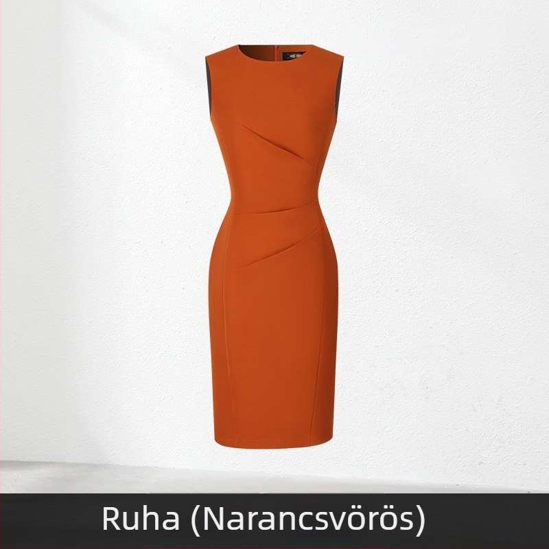 Narancssárga kosztüm-ruha női szett, professzionális üzleti viselet, elegáns munkahelyi öltözet