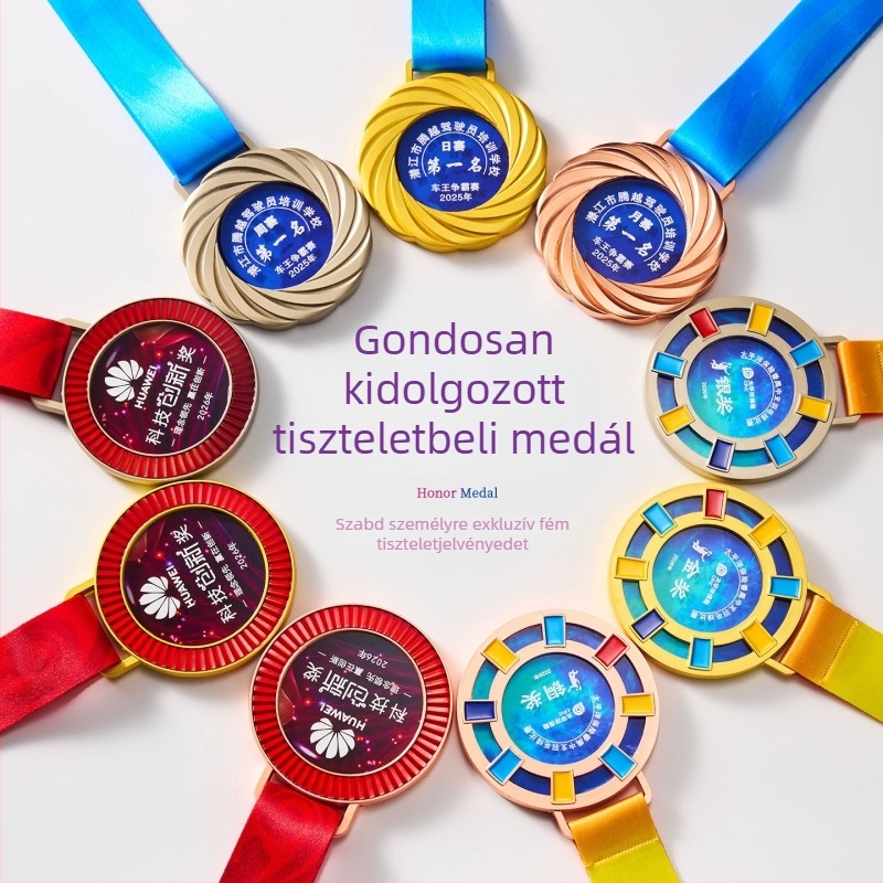 Kristály színnyomásos érem maratonra, diákfutball aranyérem, aranyfóliás nyomtatású fémérem
