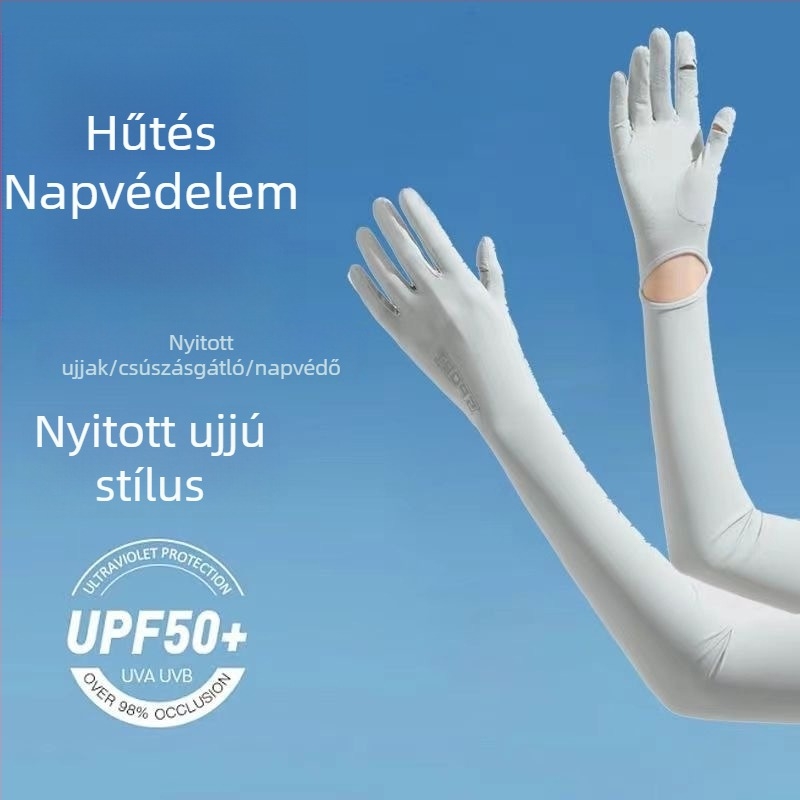 Női UV-védett napvédő karvédők, jégselyem anyagból, hosszított kivitel vezetéshez és kültéri nyári használathoz, csúszásmentes