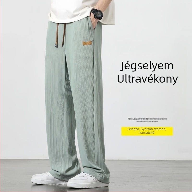 Férfi nyári vékony, széles, laza sportnadrág elasztikus derékkal, fekete, sokoldalú, egyenes szabású, mindennapi viselet