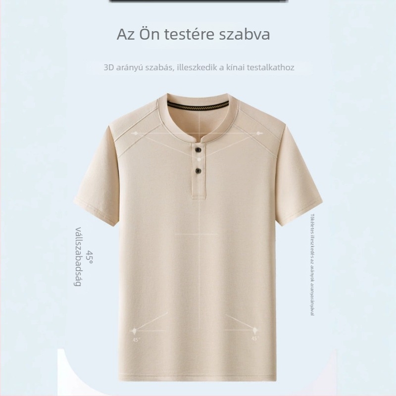 Nyári rövid ujjú póló álló galléval, vékony ice-silk anyag, lenhatású textúra, fiatal férfiak számára