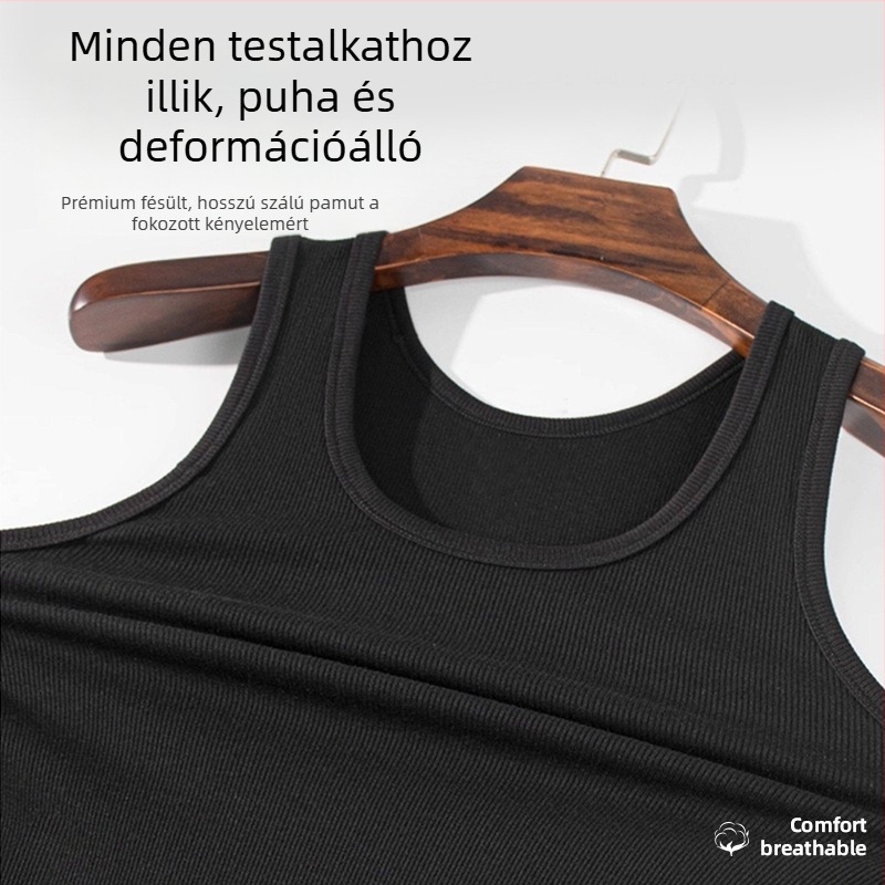 Férfi bordázott ujjatlan felső, 100% pamut, 240 g tömeg, laza szabás, egyszínű, nyáron lélegző