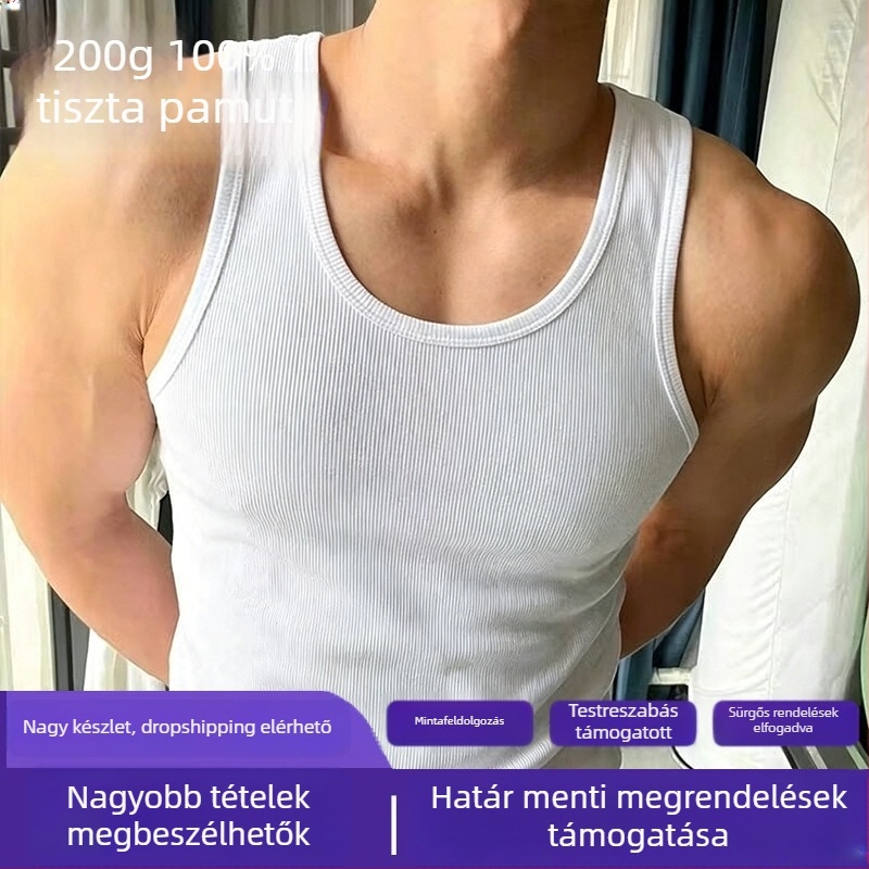 100% pamut férfi ujjatlan felső, 2x2 vastag bordázott, amerikai stílus, nehéz, karcsú szabás edzésre nyáron