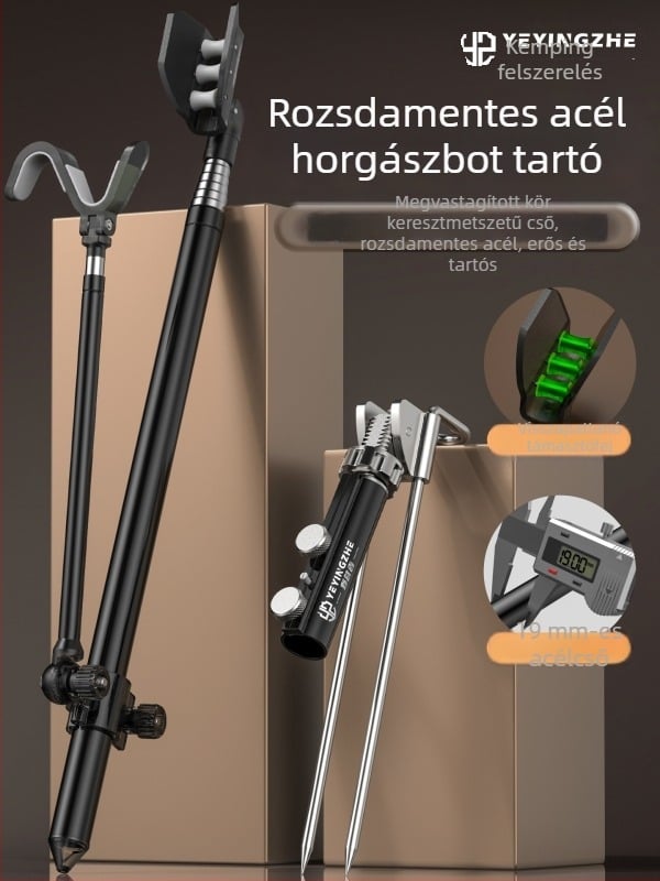 Camper rozsdamentes acél horgászbot tartó, kempinghez, vastagított kivitel, talajba szúrható