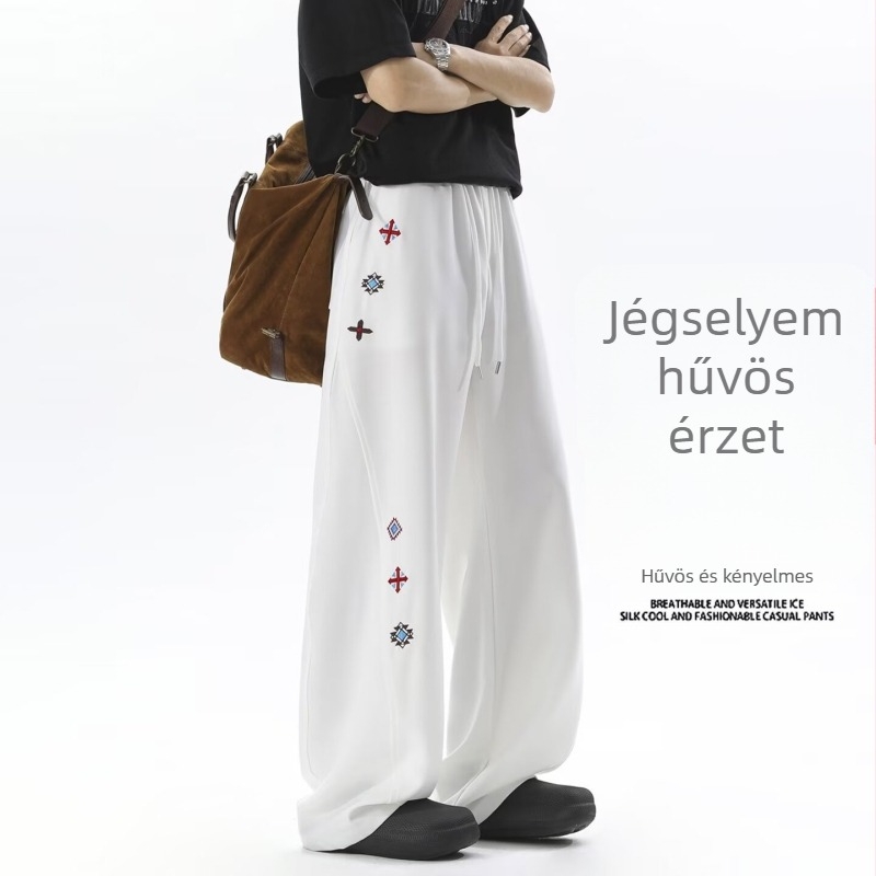 Uniszex nyári hímzett nadrág ívelt szélű, vékony és légáteresztő, széles szárú, egyenes szabás