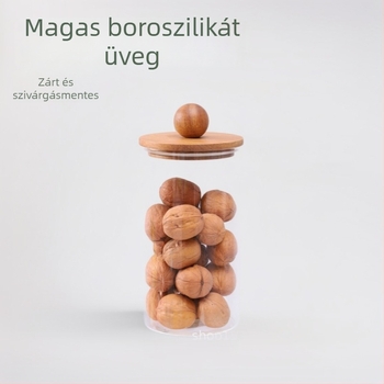 Üvegből készült kávés tároló üveg fa fedéllel és kanállal, kávébabok és konyhai gabonák tárolására, 800–1000 ml