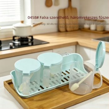 Fűszertartó falra szerelhető, három rekeszes, kanállal