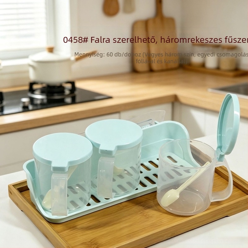 Fűszertartó falra szerelhető, három rekeszes, kanállal