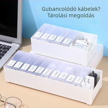Kábel rendező doboz rekeszekkel kábelek, töltők és fülhallgatók számára
